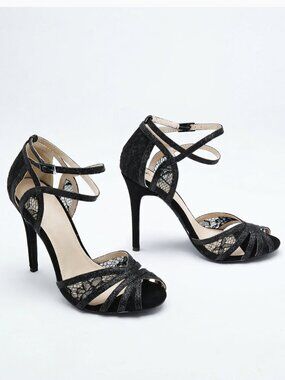 DEB Heels Shoes Size 8.5 Black Open Toe Strappy Lace Fabric